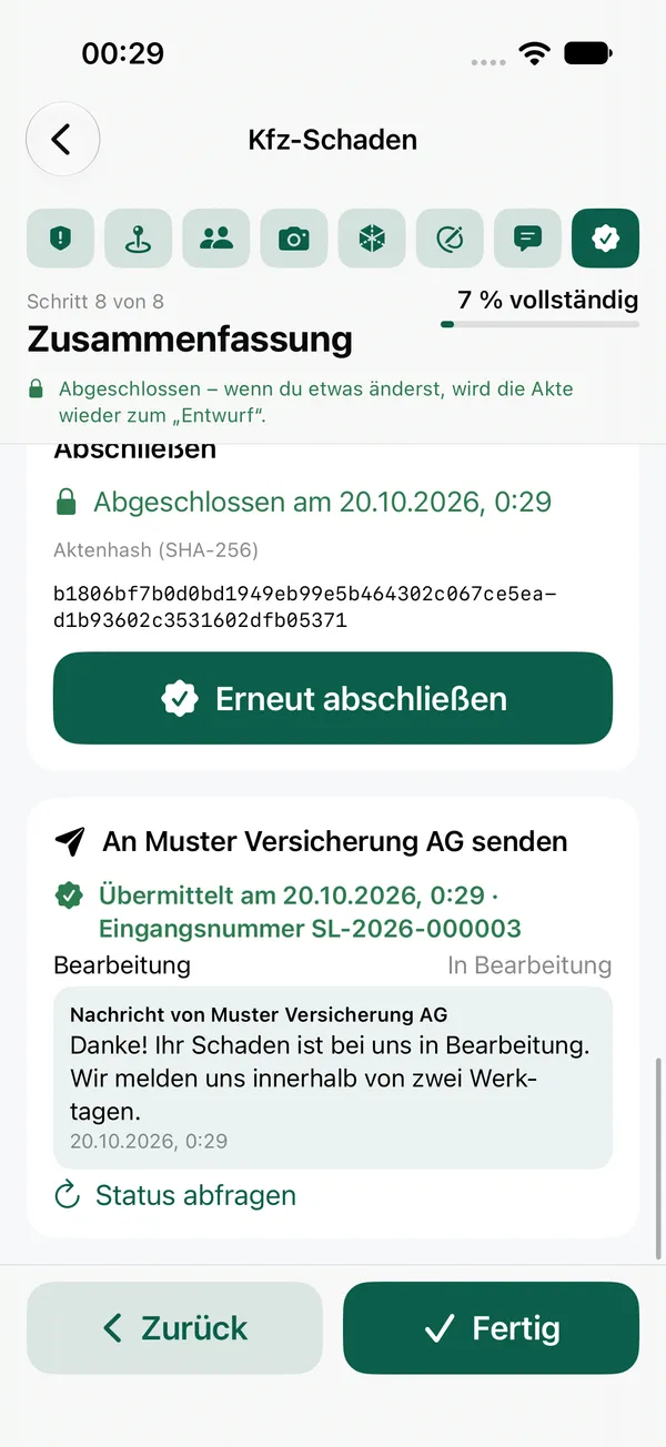 Zusammenfassung einer Akte mit Aktenhash, Eingangsnummer und Nachricht der Versicherung