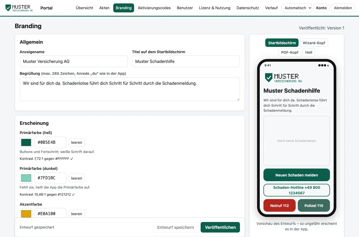 Branding-Editor mit Farbwahl, Kontrastprüfung und Telefonvorschau
